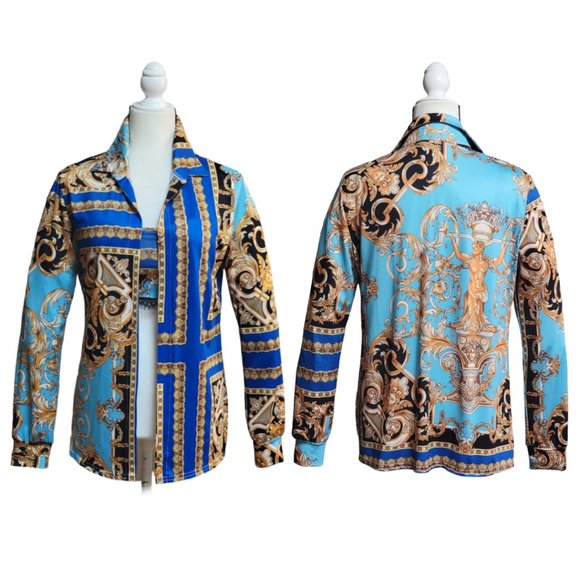 Versace style 3 Piece Stretchy Ensemble Jacket Crop Top Pant Medusa chic - Picture 14 of 16